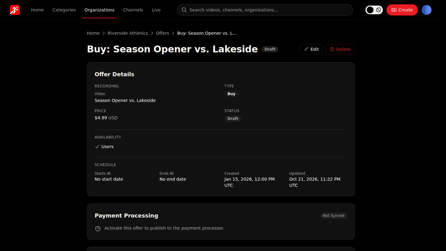 Open the draft offer from Manage → Offers