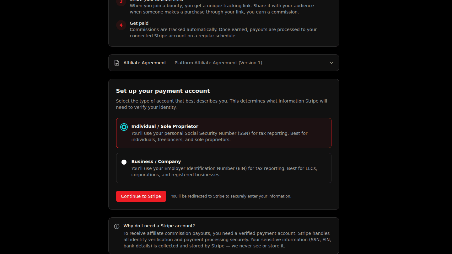 Choose your account type and Continue to Stripe