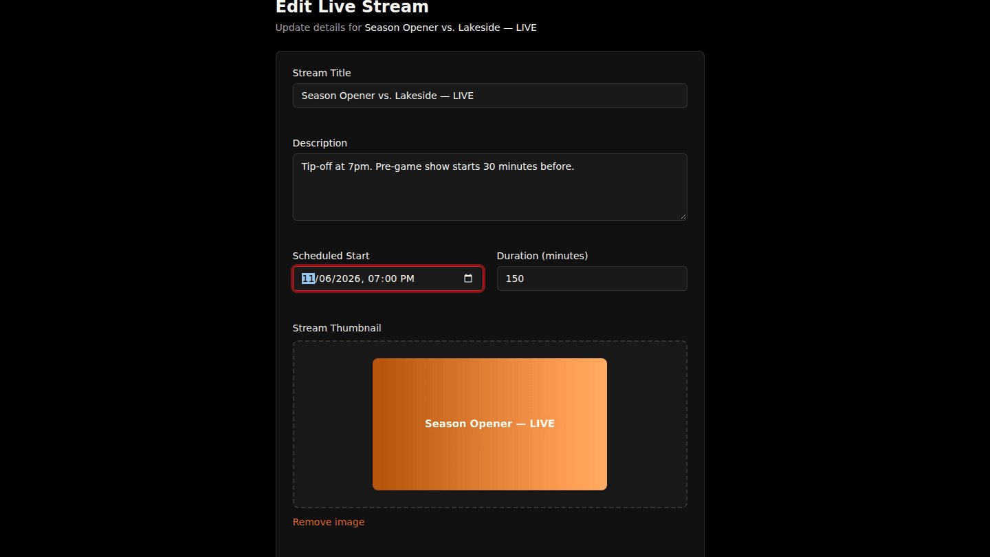Open the stream and choose Edit to change the time