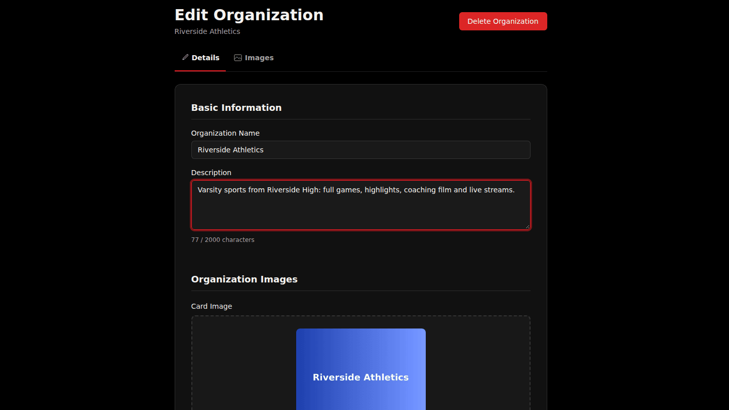 Open your organization and choose Edit