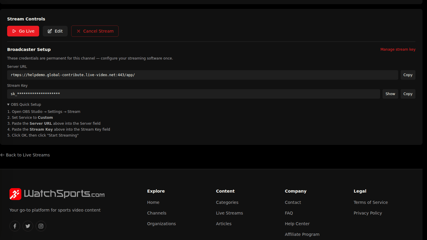 Open your scheduled stream and expand Broadcaster Setup