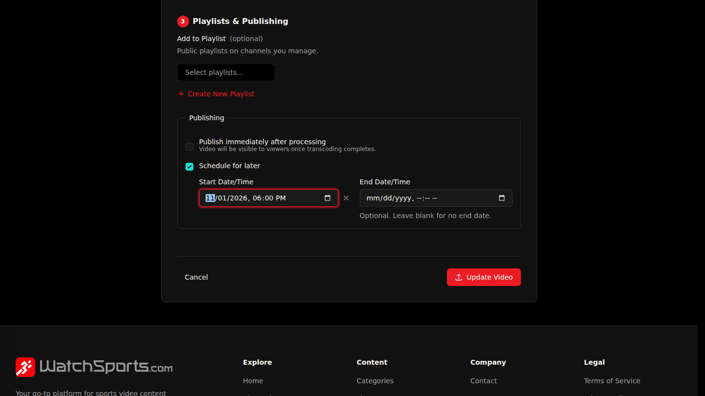 To publish later, tick Schedule for later on the edit form