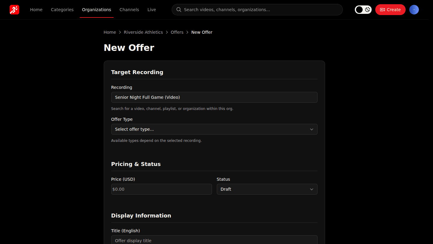 Open Manage → Offers and choose New Offer