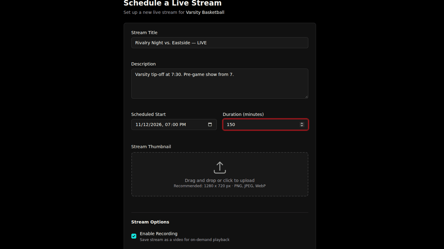 Enter the title, start time and duration