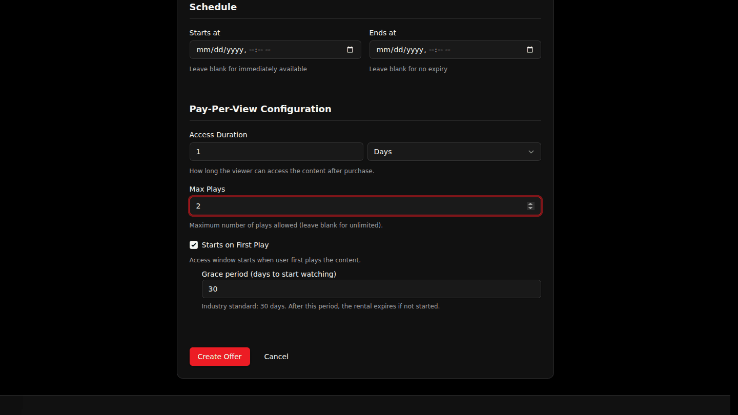 Choose Pay Per View and set plays and window