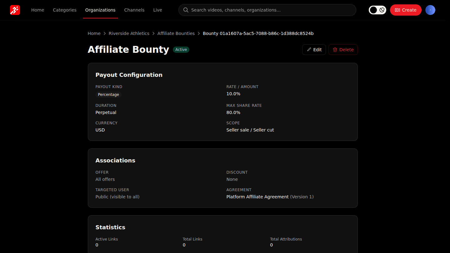 Open the bounty from Manage → Affiliates