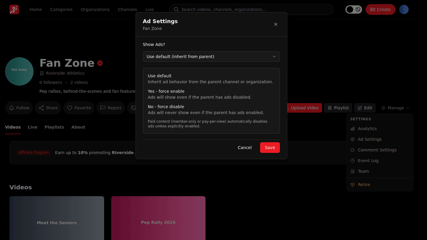 Choose Manage → Ad Settings