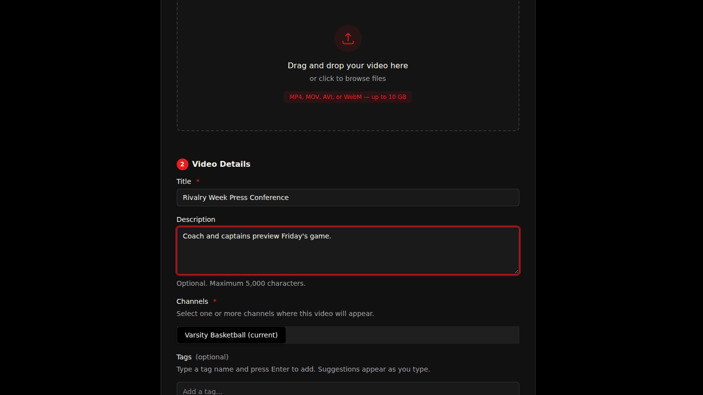 Enter the title, description and channels
